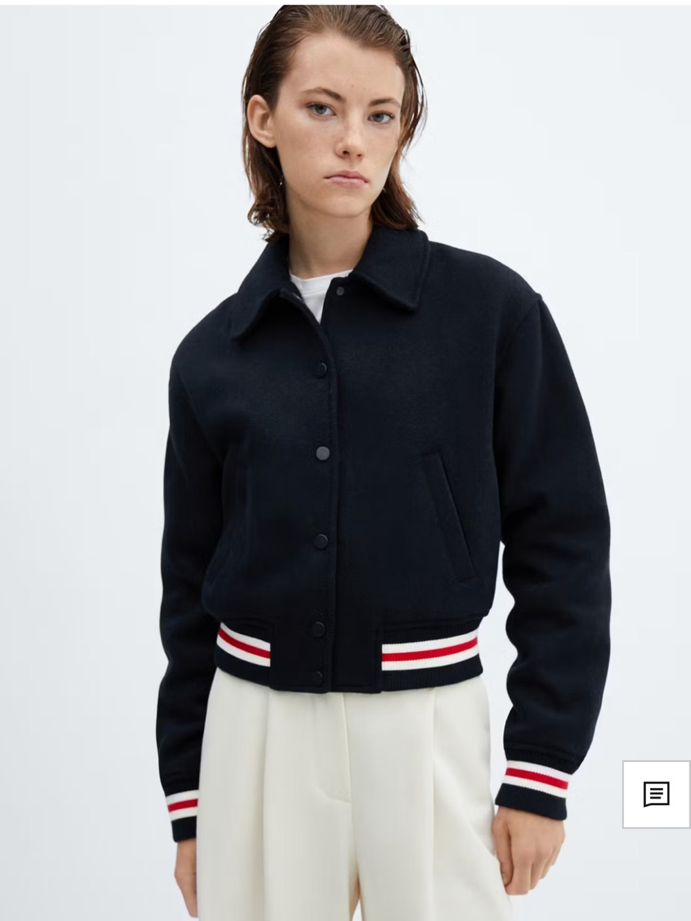 Mango Navy Bomber Jacket with Stripe Trim